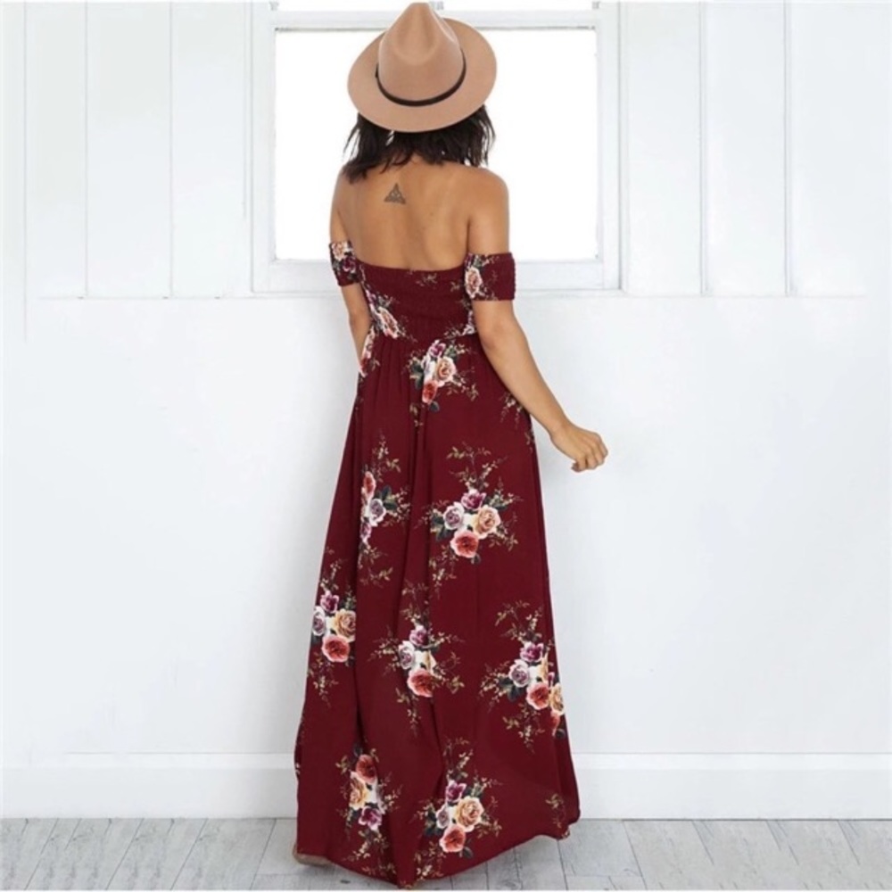 Off Shoulder Smocked Floral Dress Red - Picture 2 of 8